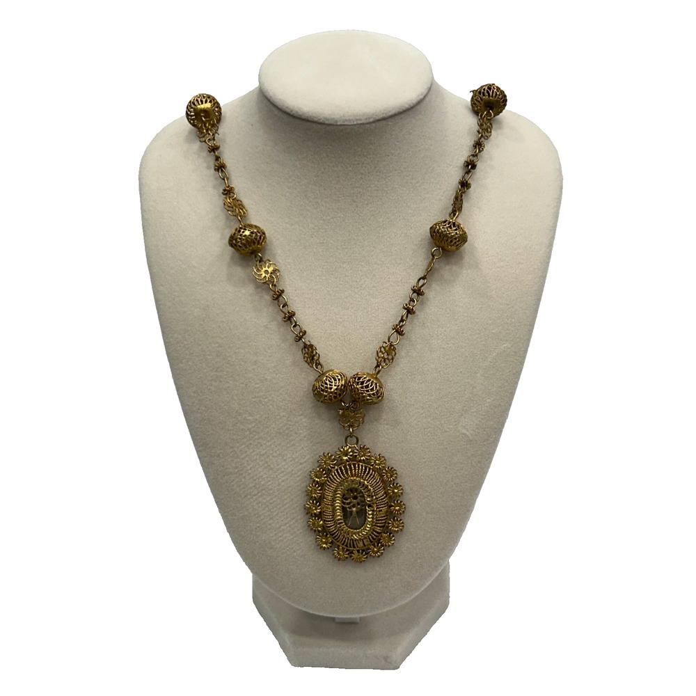 Vintage‎ Gold Tone Filigree Floral Tambourine Necklace Statement Jewelry 14.5"